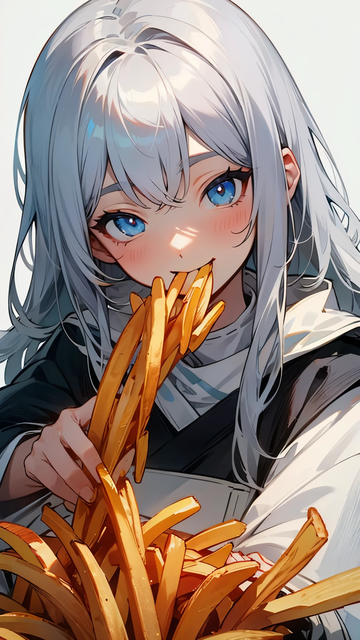 One Girl、alone、Silver Hair、Long Hair、Beautiful Blue Eyes、Smile、Wearing a peasant tunic、Eating French Fries、Upper body close-up