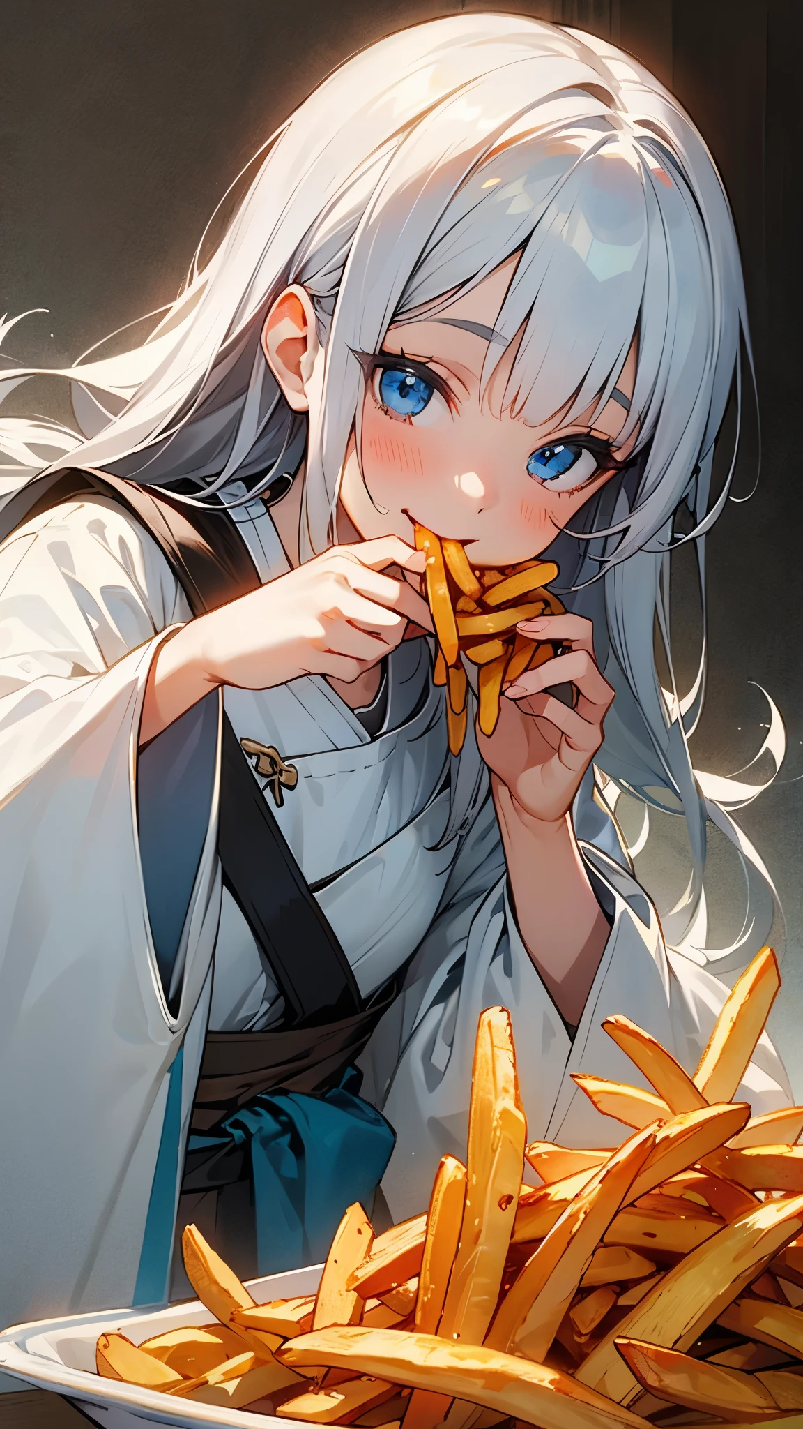 One Girl、alone、Silver Hair、Long Hair、Beautiful Blue Eyes、Smile、Wearing a peasant tunic、Eating French Fries、Upper body close-up