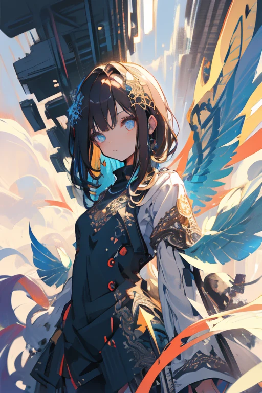 1girl, solo, cute little, Wings, the fallen angel, brunette color hair, (Intricate details:1.2), (Highly detailed face and eyes:1.2), proportional body, dynamic pose, (view from the side:0.5), full shot
