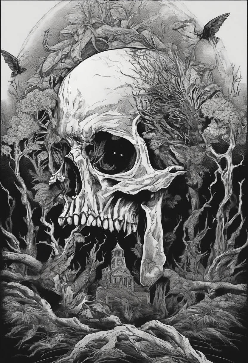 /imagine prompt: horror illustration for a sticker with a black background, in bold outline style, jagged edges, trashcore, light shading --v 5.2