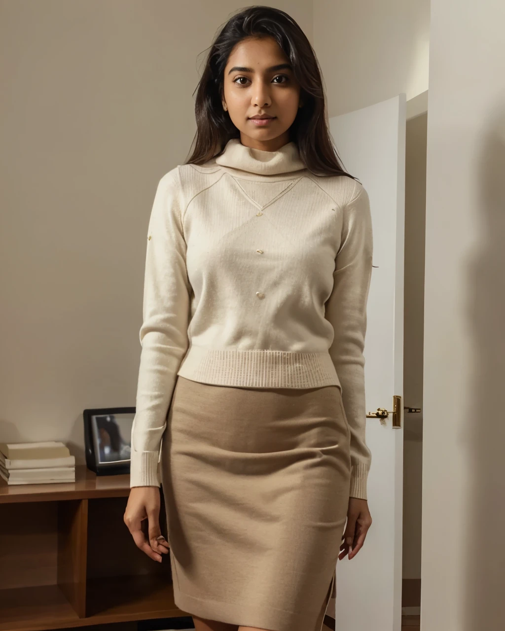 Tanvi in a well-fitted pencil skirt with a soft knit sweater. Realistic, best quality image.