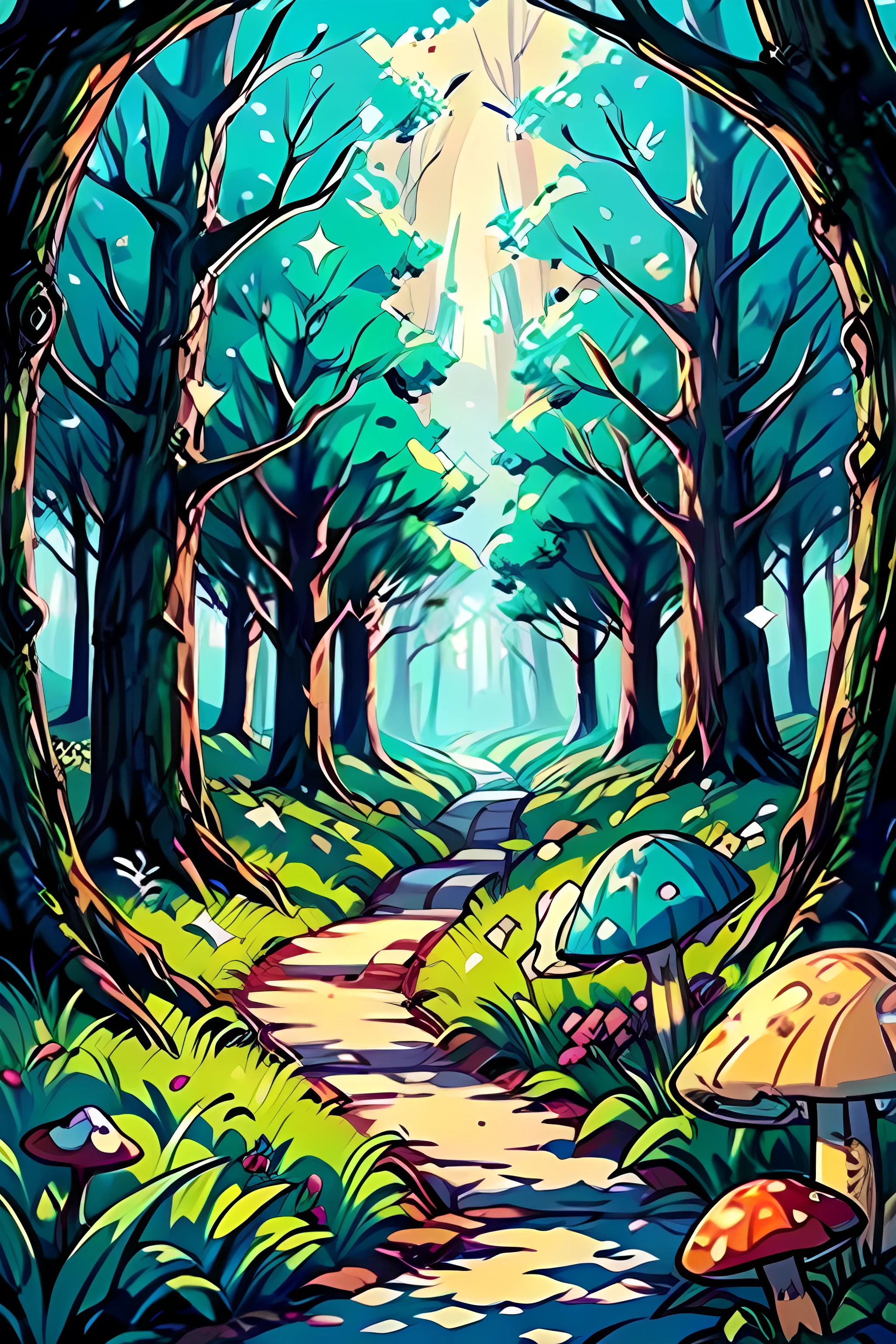 beautiful magical enchanted forest from fairy tales, only plants and mushrooms, I don't want any characters or animals, the forest must be lonely and fantastic, full of magic and wonderful on its own