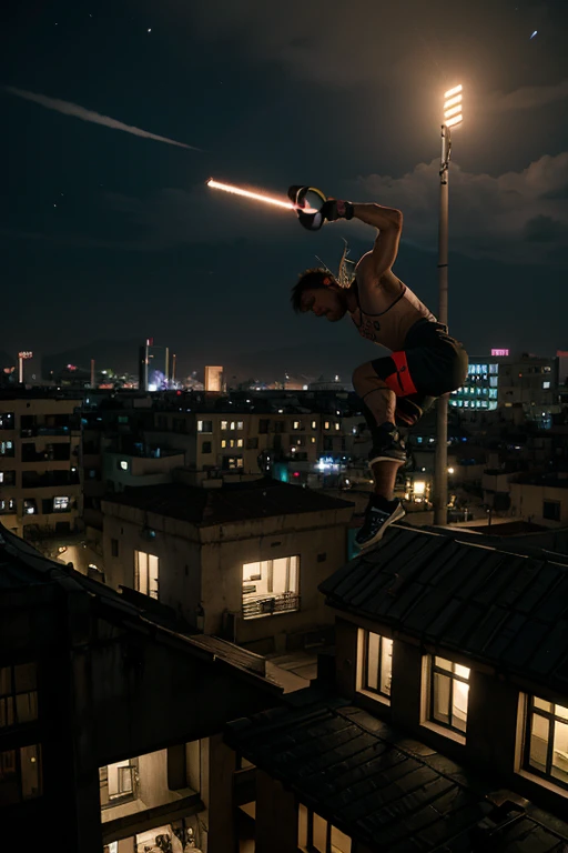 A parkour athlete leaping across rooftops in the dark, neon-lit city of Dying Light 2.