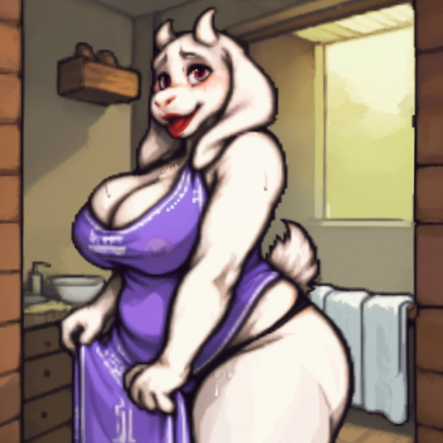 [toriel], [Undertale], [Uploaded to e621.net; (Pixelsketcher), (mommy), ((beautiful body)), ((beautiful anatomy)), ((cute face)), ((bimbo lips)), (red lips), ((big ass)), ((naked body covered by towel)), ((slightly showing thong covered by towel)), (black underwear), (wamudraws), (woolrool)], ((masterpiece)), ((HD)), ((high quality)), ((solo portrait)), (big behind), ((butt visible)), ((feet visible)), ((furry; anthro)), ((detailed fur)), ((detailed shading)), ((beautiful render art)), ((intricate details)), beautiful, (cute),  mature, {anthro goat; white fur, white nose, (cute maroon eyes), (short eyelashes), (short horn), short fluffy tail, (big booty), (gorgeous wide hips), (thick thighs), (kenket), (showing ass), (open mouth, blush), (surprise), (frown)}, {(big , big breasts, big boobs), (dress, purple dress:1.2), (big butt), (white rune on chest)}, {(standing)), (free hands), (showing tight thong hugging ass), ((sweaty body)), ((wet body)), (looking at viewer)}, [background; (in her room), (nipple outlines under towel), (ambient lighting)], (big ass), (wide hips), ((sfw slightly showing black thong covered by towel)), (thick thighs), ((cleavage)), (perfect clothing), (nude), (bare ass), 
