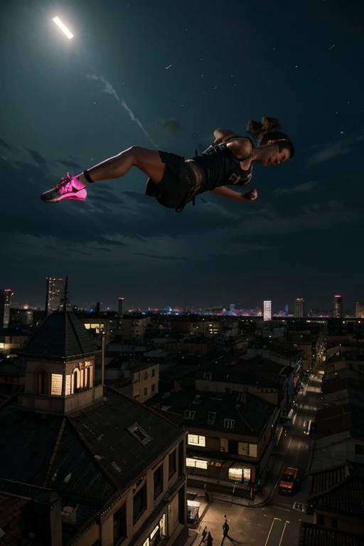 A parkour athlete leaping across rooftops in the dark, neon-lit city of Dying Light 2.