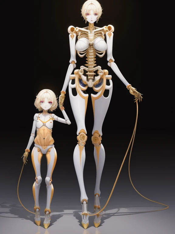 A mother with a mechanical body and a daughter born with a mechanical body,
 Masterpiece,
 Full Body Shot,
 The internal skeleton is clearly visible from the joints.,
 Mother opens top hatch to show daughter internal skeleton,
 The internal skeleton of the mother and daughter is gold and has optical cables running through it, making it very shiny.
