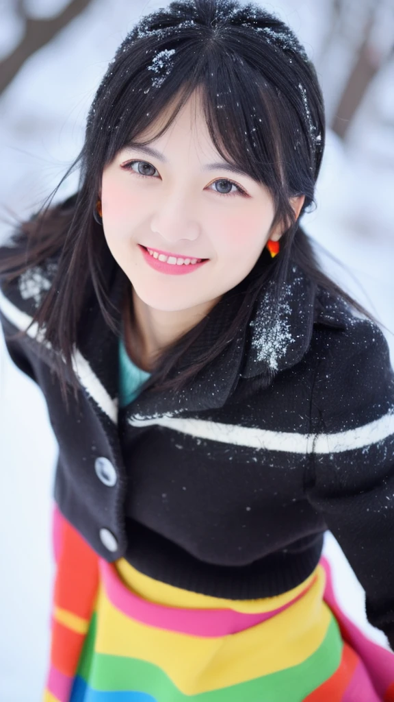 highest quality, masterpiece, (Realistic:1.2), young woman,
Black Hair，
Colorful Skirts,
Cottagecore,
front, Detailed face, Beautiful Eyes, (smile:1.1), 
winter,
Vibrant, Sharp focus,

