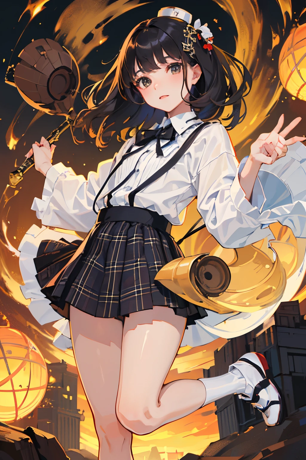 highest quality，Beautiful face in every detail，cute，Dark brown eyes，(背の低いcute女の子，Small young student，Young delicate girl）,（masterpiece，Top quality)，Black Hair，Sleepy expression，Plaid black skirt