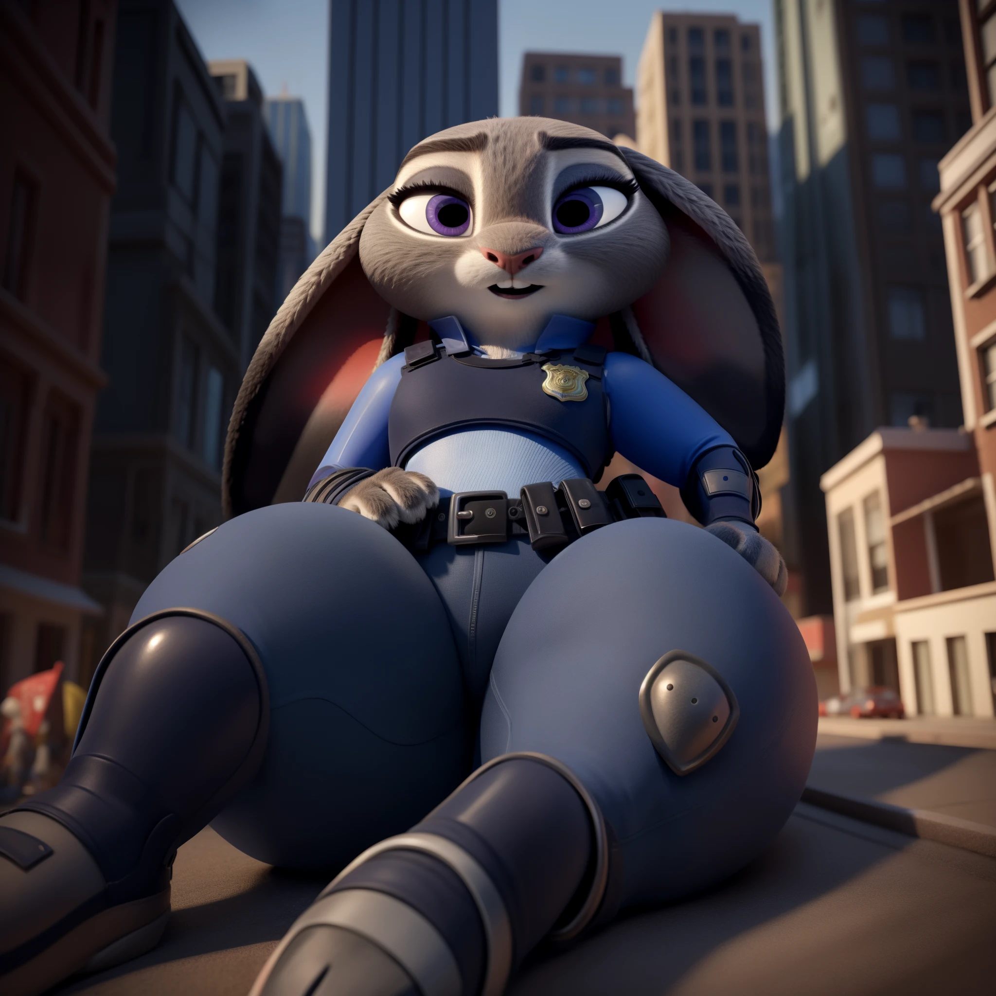 orejas hacia abajo, (Mejor calidad, Obra maestra:1), peluda hembra antro judyhopps, retrato, uniforme de policia, uniforme completo, cola de conejo, police belt, police badge, pantalones azules, sonrisa, ojos morados, pelaje del cuerpo, estilo pixar 3d, cuerpo completo, by qupostuv35, ((Macro)), ((wide hips)), on a zootopia, curvy ass, ((big thighs)), best quality, crushing thighs, lying down