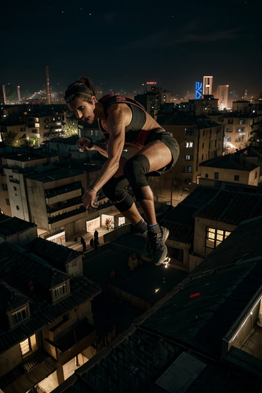 A parkour athlete leaping across rooftops in the dark, neon-lit city of Dying Light 2.