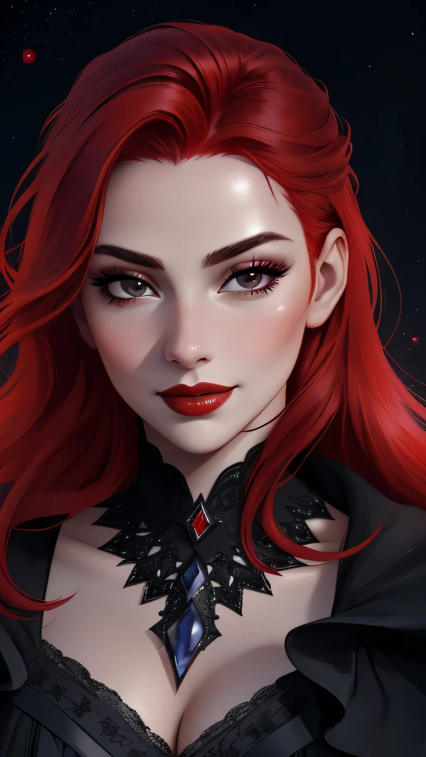 face close up, portrait shot, ((vivid red hair)), mature woman, 30 years old, diamond face, red starry sky background, depth of field, magic, big red lips, ((dark and black eyes)) silver long and full dress, covered chest, mystical atmosphere, ominous shadows, Intense blue aura, Intense red aura (best quality:1.2), absurdres, intricate details, (highly detailed skin:1.2), smile expression, posing, taut and well defined body, attractive. Highly realistic, white skin, beautiful, hyperrealism, skin very elaborated, direct gaze,