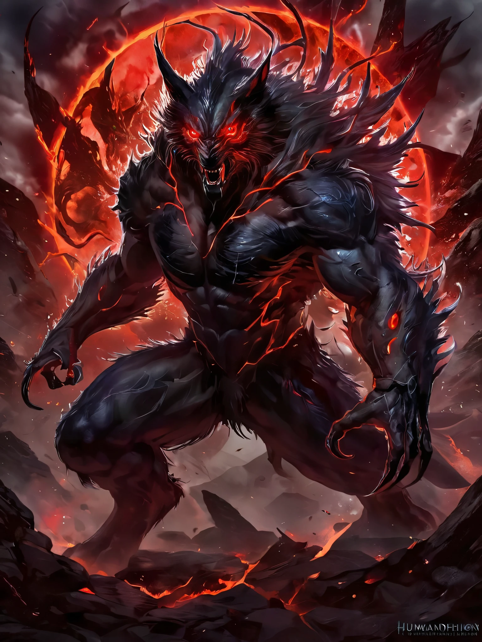 werewolf, shapeshifter, transforming, metamorphosis, dynamic pose, colorful, vivid colors, detailed, best quality, masterpiece, humanoid, evil, concept art, epic, furious, red eyes 