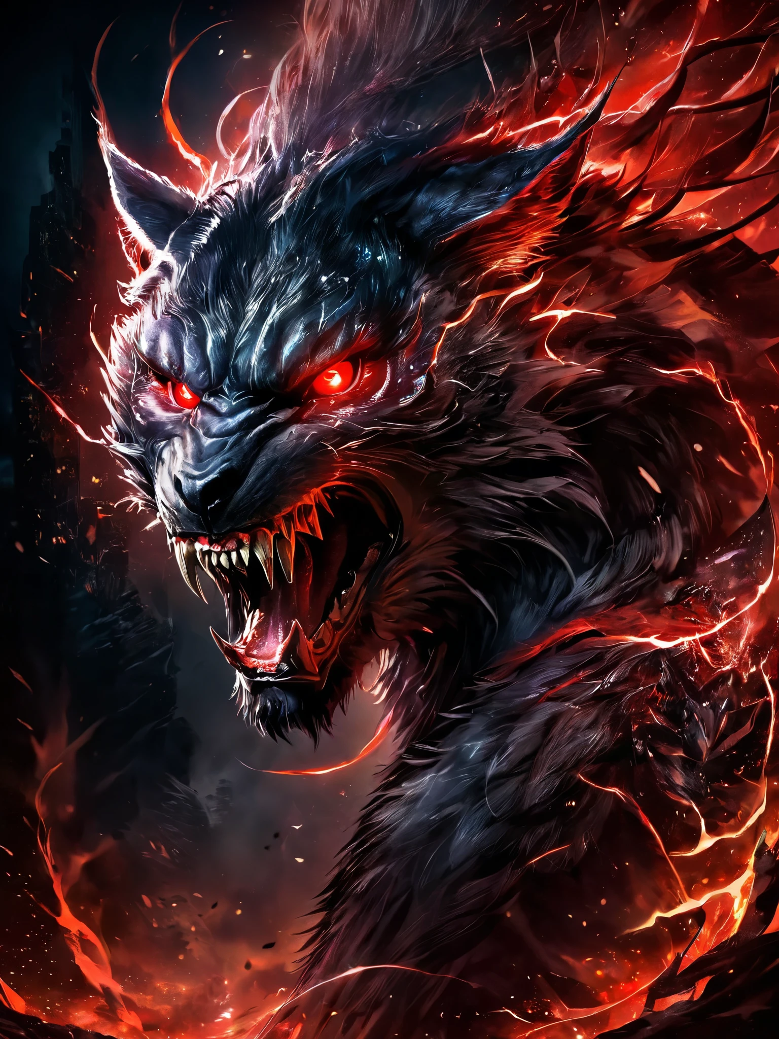werewolf, shapeshifter, transforming, metamorphosis, dynamic pose, colorful, vivid colors, detailed, best quality, masterpiece, humanoid, evil, concept art, epic, furious, red eyes