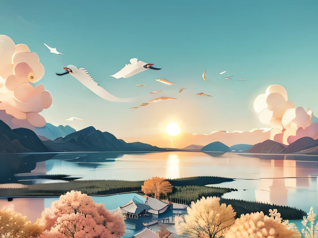 crane,permanent, lake,sun,cloud,Flowers,(masterpiece, best quality:1.3),