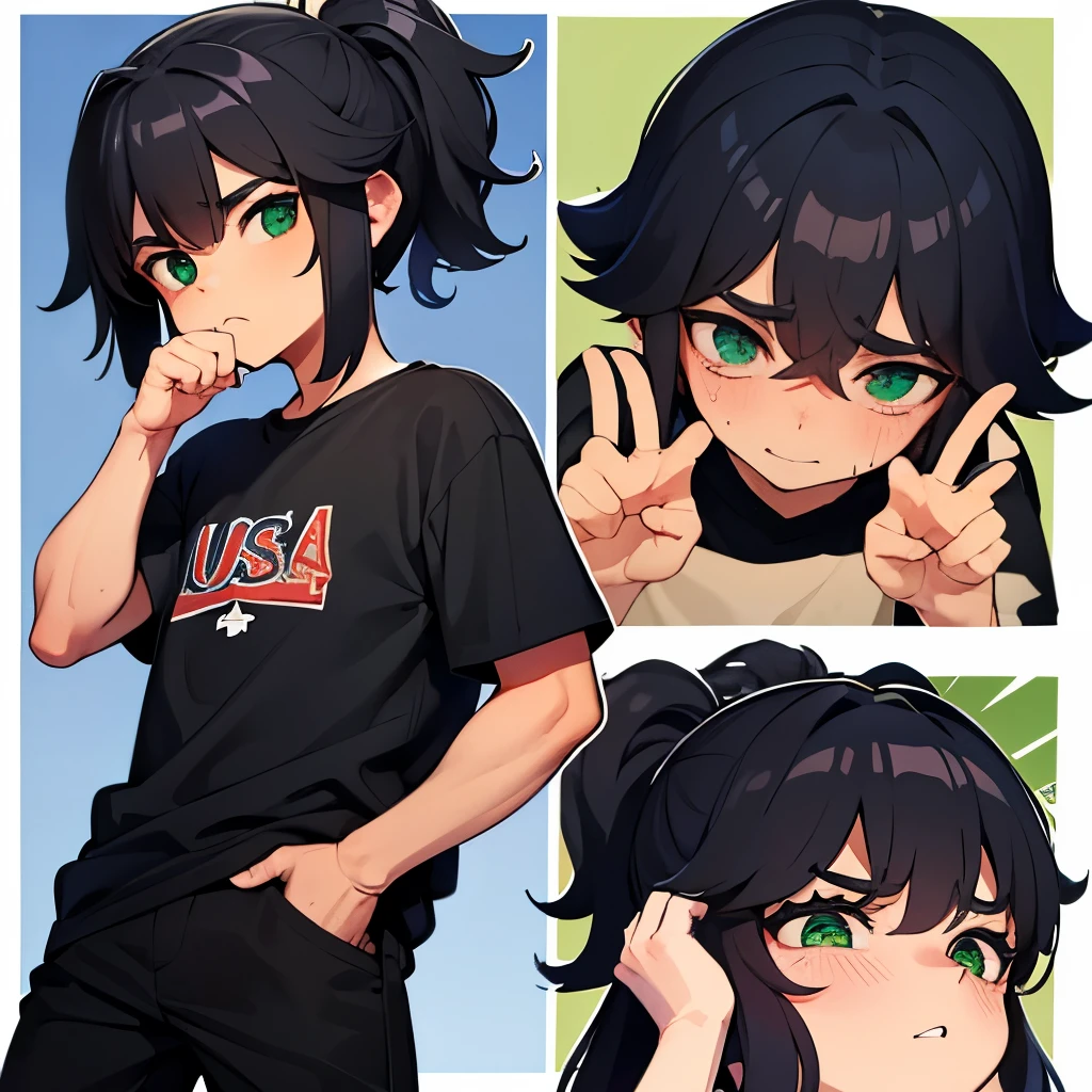 Um garoto de 12 anos,tem pele branca,olhos verdes,usa um moletom todo preto,A BLACK PANTS,all star vermelho,he has an embarrassed face.