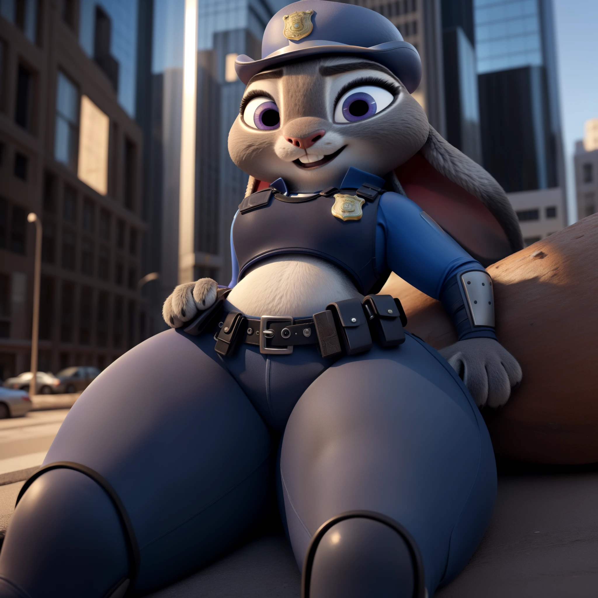 orejas hacia abajo, (Mejor calidad, Obra maestra:1), peluda hembra antro judyhopps, retrato, uniforme de policia, uniforme completo, cola de conejo, police belt, police badge, pantalones azules, sonrisa, ojos morados, pelaje del cuerpo, estilo pixar 3d, cuerpo completo, by qupostuv35, ((Macro)), ((wide hips)), on a zootopia, curvy ass, ((big thighs)), best quality, crushing thighs, lying down