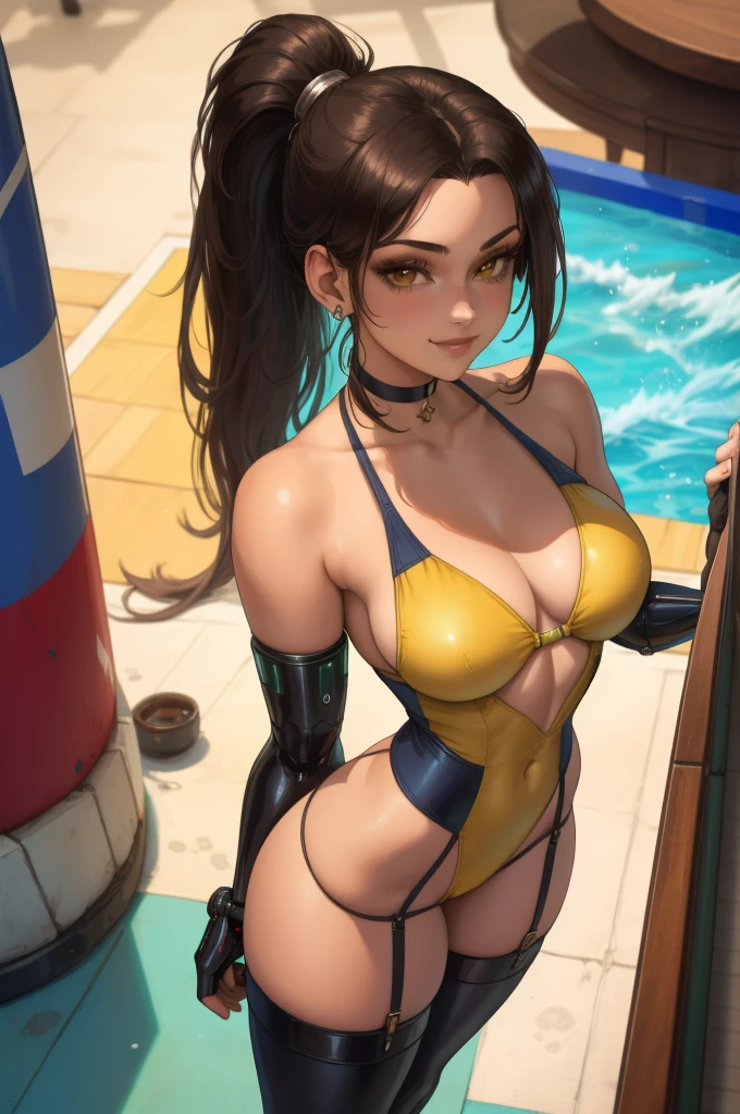 1 girl,(solo),(high-level image quality),(hight quality),(hight resolution),(detailed),(masterpiece),(artwork:1.2),(realistic),(semi-realistic),looking at viewer, Detailed eyes, perfect face, perfect eyes, Detailed face,(longest ponytail),earrings,smile,brown eyes,Eve\(Stellar Blade\), ,((yellow cybernetic swimsuit:1.2)),(short fingerless gloves),(cyber high heels:1.0),(thigh high socks),(bar), garter belt,(long shot),(from above), choker, (standing next to a pool table),bar,