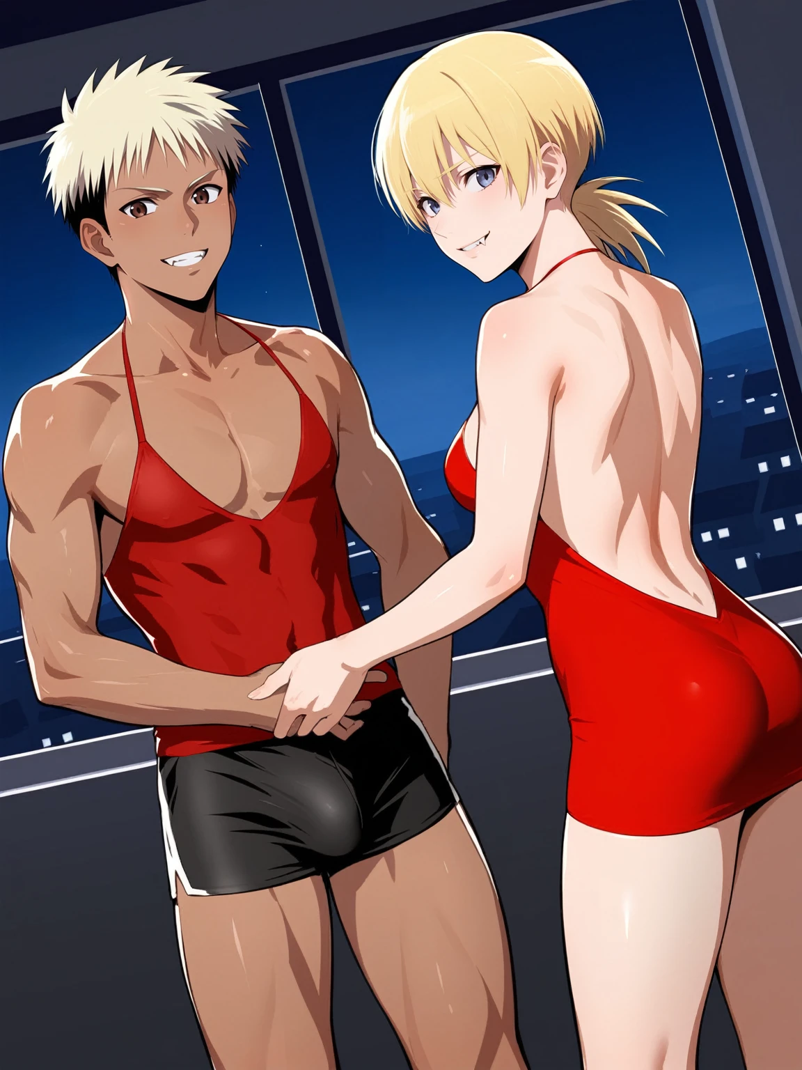 score_9, score_8_up, source_anime, standing, hellsing, seras, blonde hair, nude, indoors, night, night sky, nighttime, vampire, smirk, fangs, ikuchan, balcony, town background, clothed, male wearing shorts, muscular male, medium breasts, boyfriend, couple, sfw, looking at viewer, faceless male, dark skinned male, cuckold pov, ntr, netorare, standing side by side, standing, cuckolding, cuck, 1girl, 1boy, duo, ((duo focus)), black haired male, interracial, BLACKED, bbc, raceplay, smug, humiliation, ((faceless male)), ((size difference)), tall male, ((duo)), waist grab, ((dark skinned male))), gown, dress, bulge, rating:safe, navel, short dress, red dress, 2girls