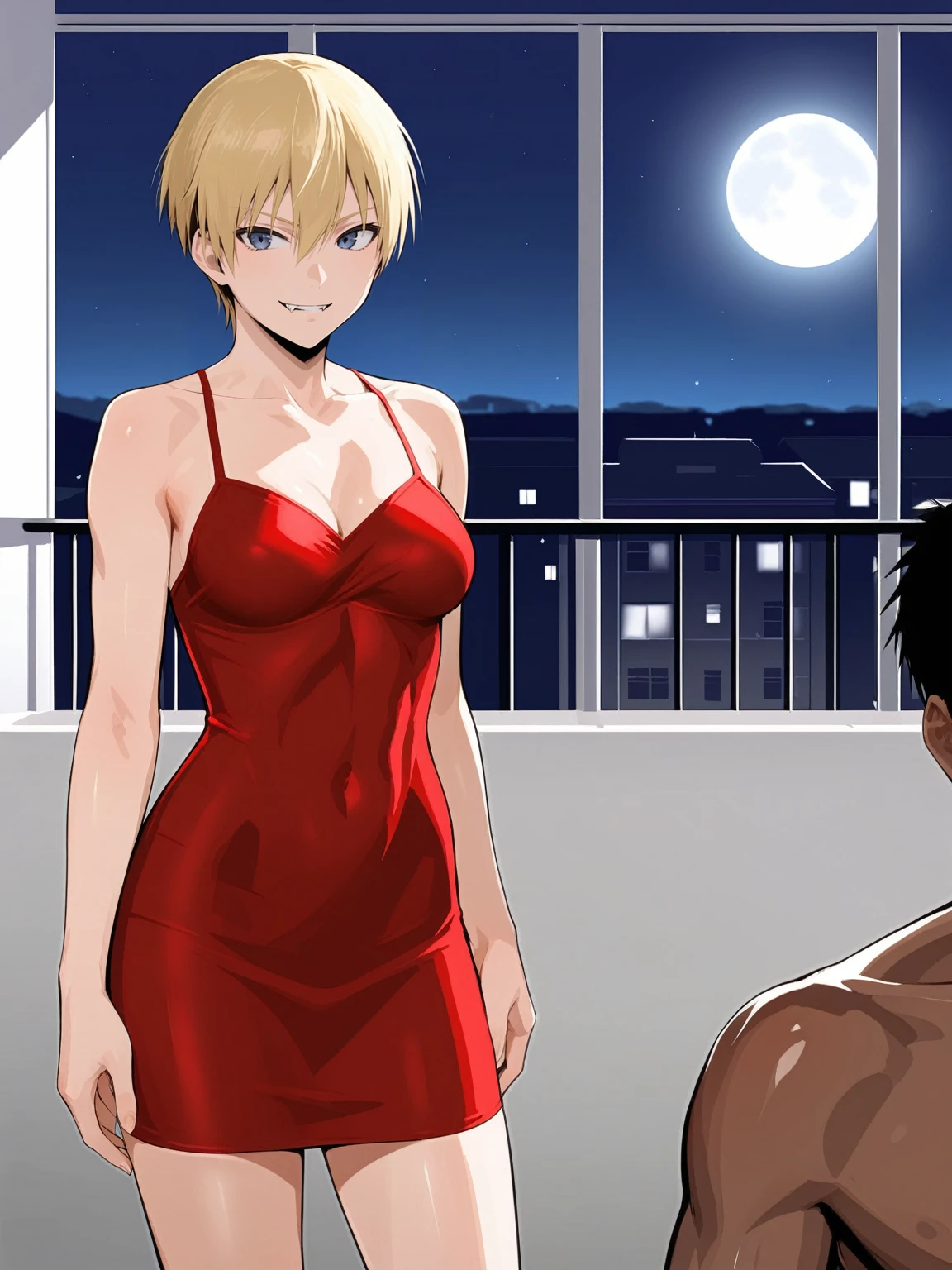 score_9, score_8_up, source_anime, standing, hellsing, seras, blonde hair, nude, indoors, night, night sky, nighttime, vampire, smirk, fangs, ikuchan, balcony, town background, muscular male, medium breasts, boyfriend, couple, looking at viewer, faceless male, dark skinned male, cuckold pov, ntr, netorare, standing side by side, standing, cuckolding, cuck, 1girl, 1boy, solo focus, ((duo focus)), black haired male, interracial, BLACKED, bbc, raceplay, smug, humiliation, ((faceless male)), ((size difference)), tall male, ((duo)), blowjob, ((dark skinned male))), sling bikini, bulge, navel, short dress, red sling bikini, side view, tall male, ((size difference)), large male, height difference, male's head out of frame, fellatio, gigantic penis 