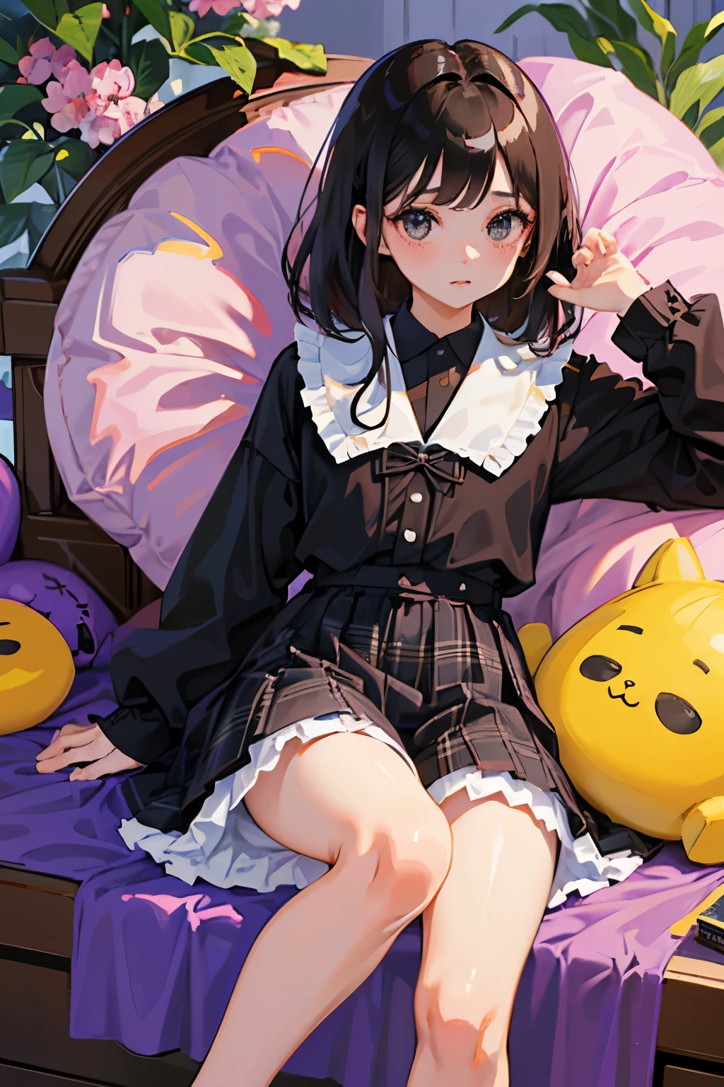 highest quality,Beautiful face in every detail,cute,Dark brown eyes,(背の低いcute女の子,Small young student,Young delicate girl),(masterpiece,Top quality),Black Hair,Sleepy expression,Plaid black skirt