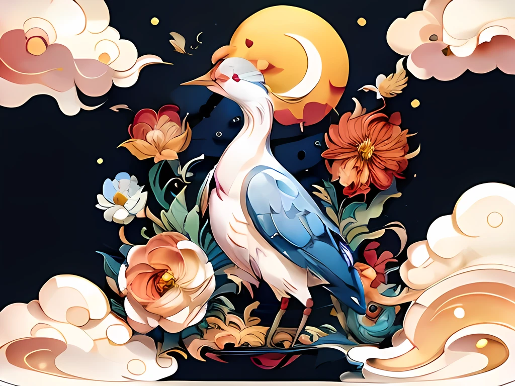 crane,permanent, lake,sun,cloud,Flowers,(masterpiece, best quality:1.3),