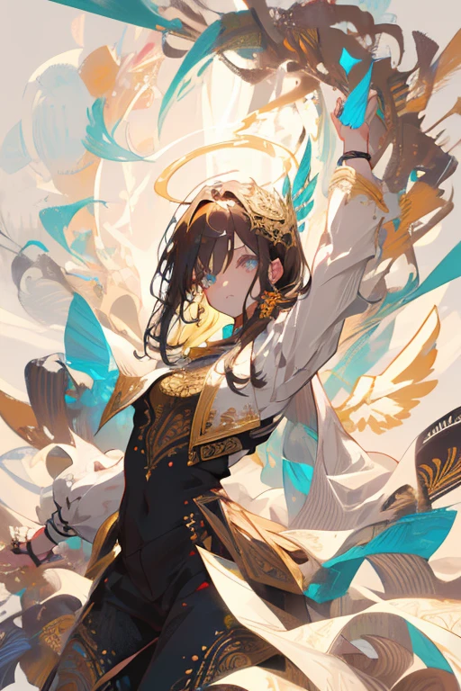 1girl, solo, cute little, Wings, the fallen angel, brunette color hair, (Intricate details:1.2), (Highly detailed face and eyes:1.2), proportional body, acrobatic, dynamic dancing, full shot