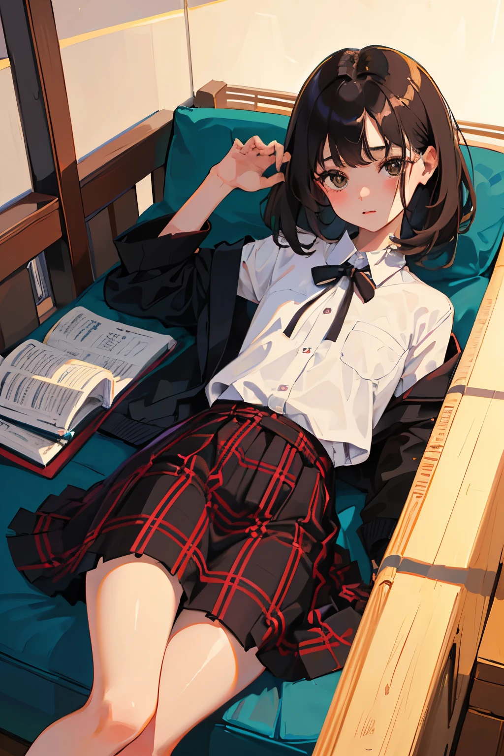 highest quality,Beautiful face in every detail,cute,Dark brown eyes,(背の低いcute女の子,Small young student,Young delicate girl),(masterpiece,Top quality),Black Hair,Sleepy expression,Plaid black skirt
