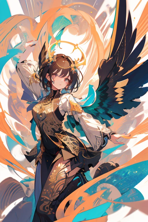 1girl, solo, cute little, Wings, the fallen angel, brunette color hair, (Intricate details:1.2), (Highly detailed face and eyes:1.2), proportional body, acrobatic, dynamic dancing, full shot