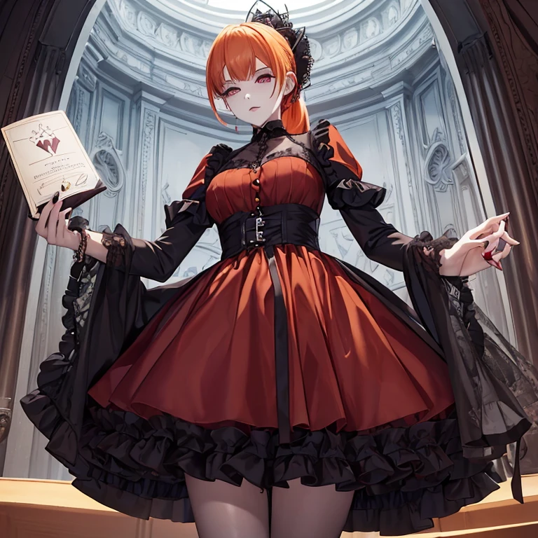 ((Scary girl)),((scary beauty)),((elegant)),((cannibal girl)),((orange pale hair)),((fluffy hair)),(goddes)),((mysterious girl)),((pretty)),((bad girl)),((british)),((manipulate)),((short dress)),((pale skin)),((hair ponytail)),((wine)),((skinny)),((red wine color eyes)),((she like a glass)),((sadistic)),((rich)),((gems)),((color red wine)),((manipulate smile)),((crazy girl)),((cult)),((complain of god)),((evil))