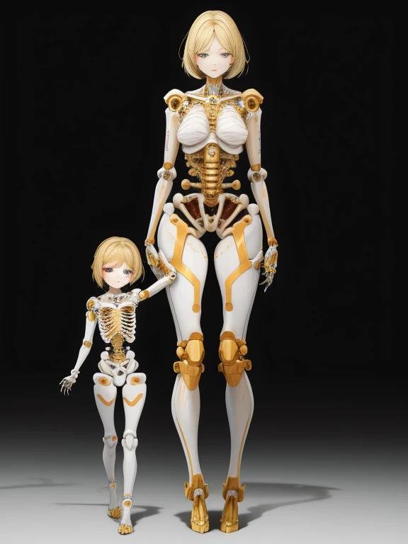 A mother with a mechanical body and a daughter born with a mechanical body, Masterpiece, Full Body Shot, The internal skeleton is clearly visible from the joints., Mother opens top hatch to show daughter internal skeleton, The mother and daughter's internal skeletons are gold and the internal machinery is shiny.