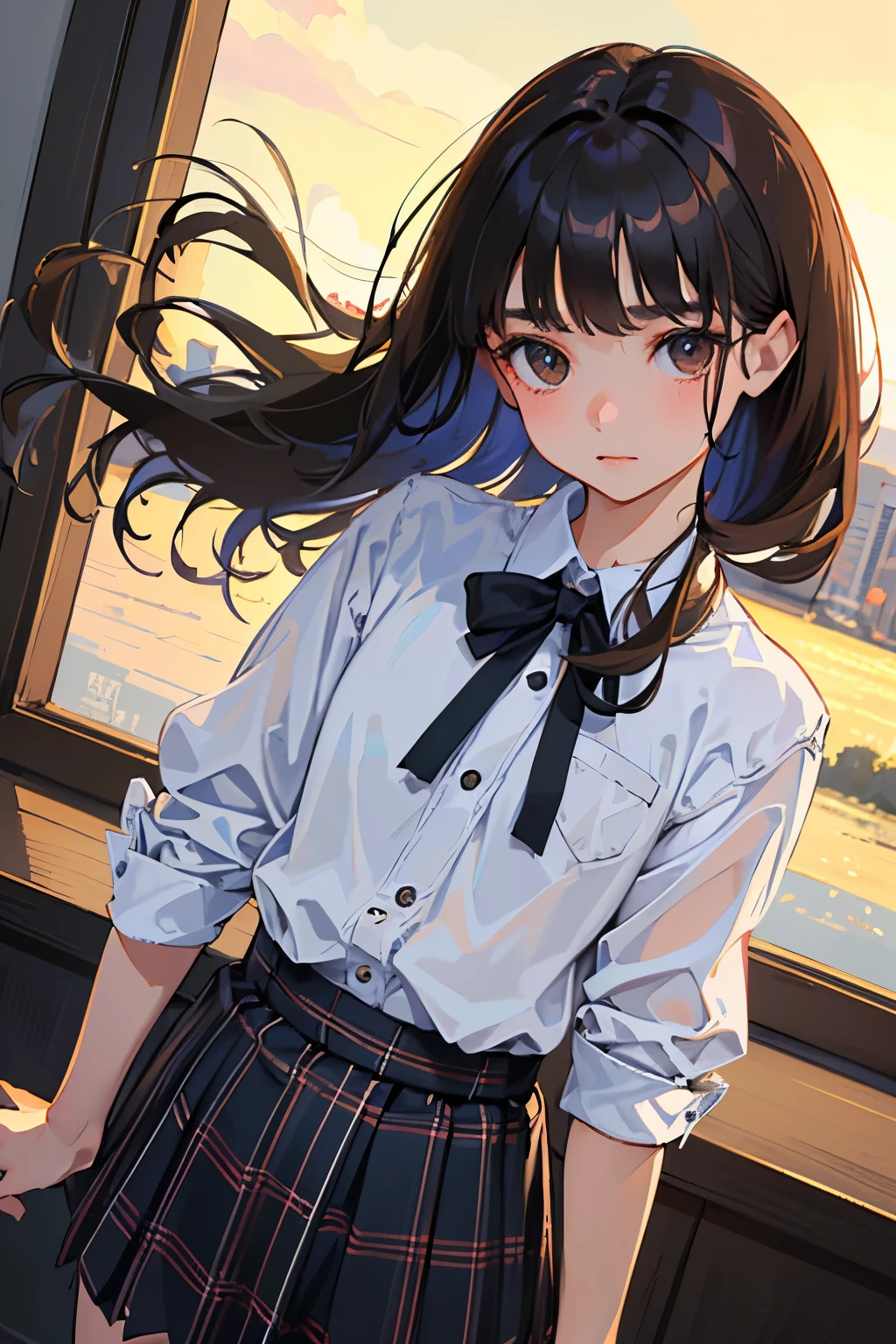 highest quality,Beautiful face in every detail,cute,Dark brown eyes,(背の低いcute女の子,Small young student,Young delicate girl),(masterpiece,Top quality),Black Hair,Sleepy expression,Plaid black skirt