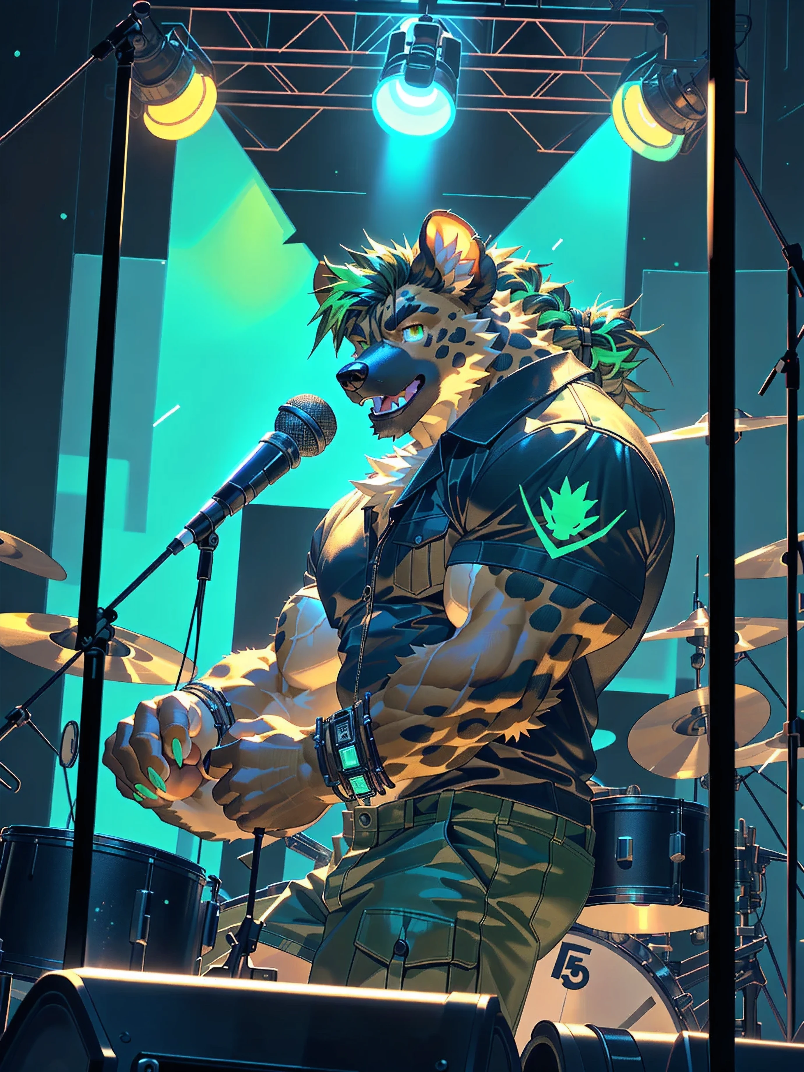 solo, anthro, furry, furry male, hyena, ((fluffy fur, fluffy, furry body)), (hyena print), Green eyes, (brown body, (brown body:1.4)), hyena tail, ((brown hair, hair braid, glowing green highlights)), ((tan muzzle, tan forearms, tan chest, tan belly, skinny muscles)), detailed fluffy fur, detailed face, detailed eyes, detailed teeth, tanktop, full body, microphone, drums, green cargo shorts, cargo shorts, (LED nails, glowing green nails), cyberpunk, concert, stage, lights, glowing bracelets, (by raccoon21, by null-ghost, masterpiece, high quality, hi res, 8k hd), standing, close-view portrait, looking at viewer, night, outdoor, powerful, mouth open, playing drums, holding glowing drumsticks, singing