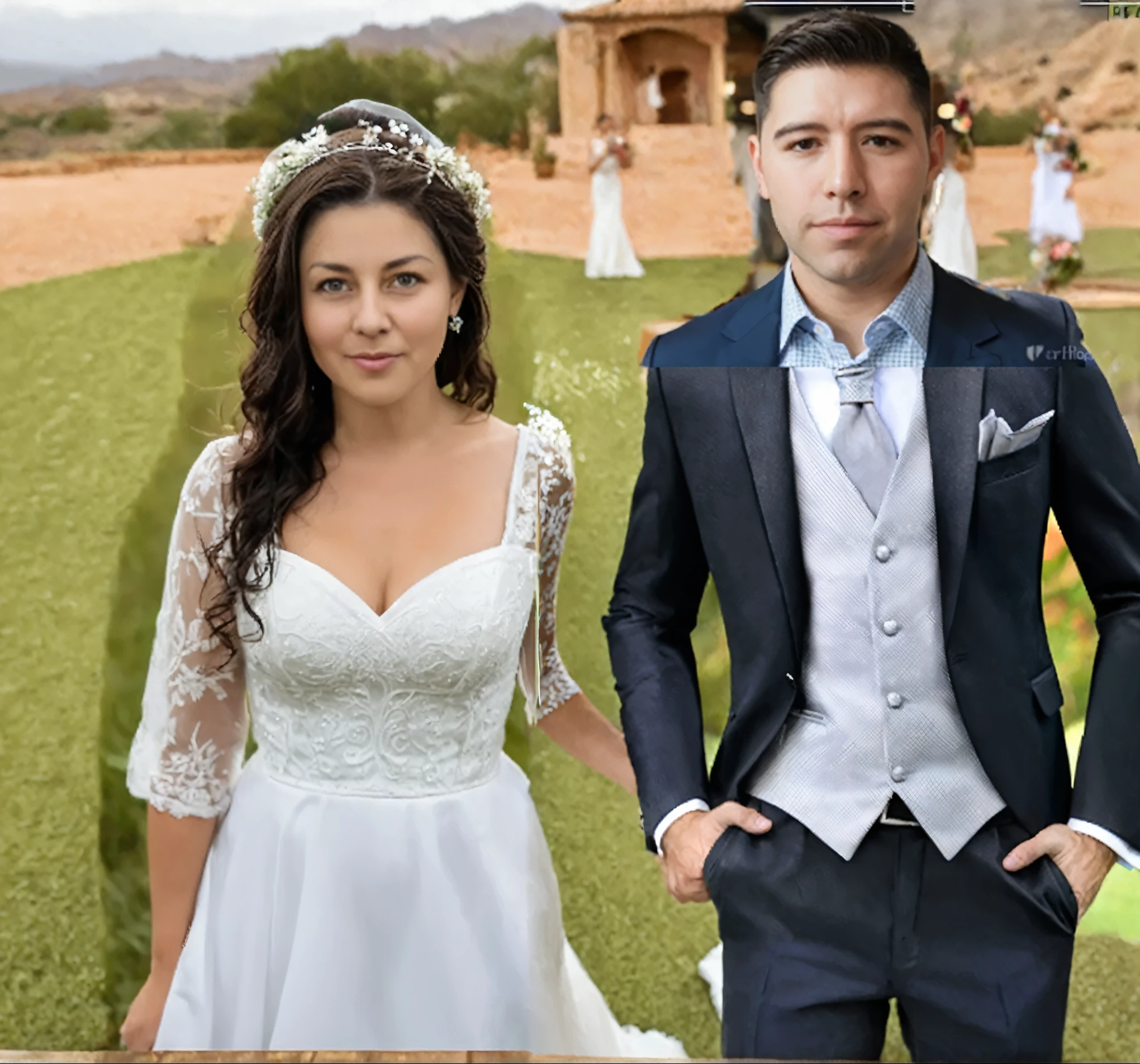 novios celebrando su boda, hiper realista, tomados de la mano