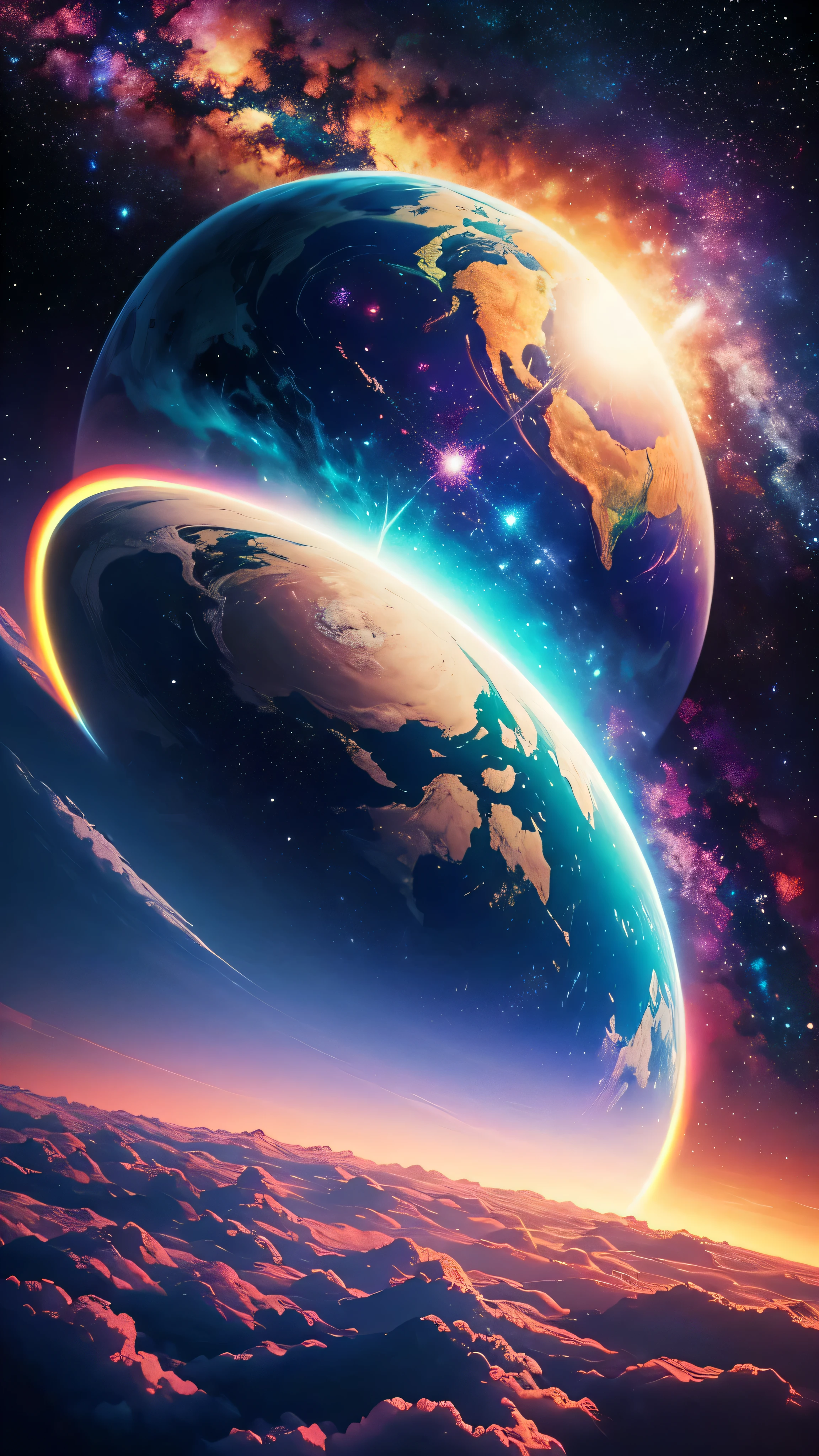 Create a unique painting, inspired by “Celestial Dreams”.,', which combines cosmic images and dreamy landscapes to create a surreal masterpiece, Planet, leuchtende Farben, wallpaper, trending on instagram, something alien