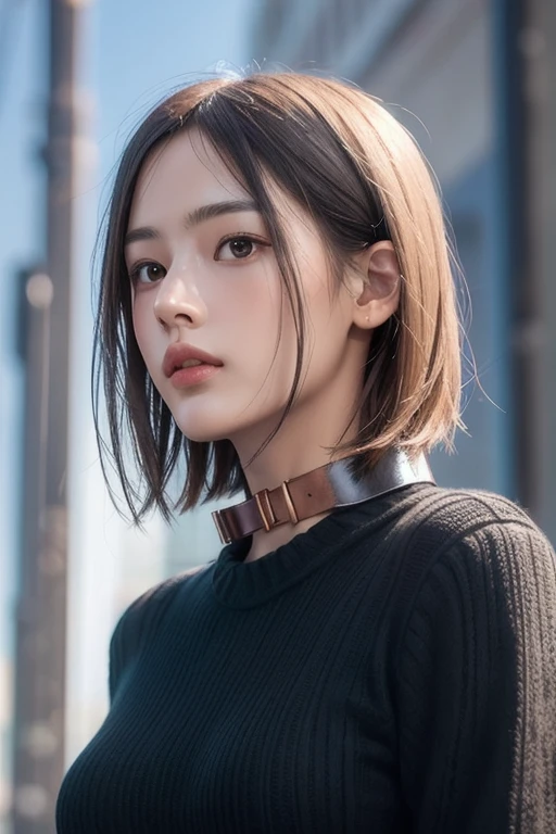 Photorealistic, masutepiece, Best Quality, Raw photo, 1girl in, Solo, Handsome shorthair, copper colored hair、Detailed face, alluring face, Black shirt with collar, medium breasts, Dynamic Pose, Looking at Viewer, From below, Detailed background, fine detailed, intricate detailes, Ray tracing, depth of fields, lowkey, nffsw