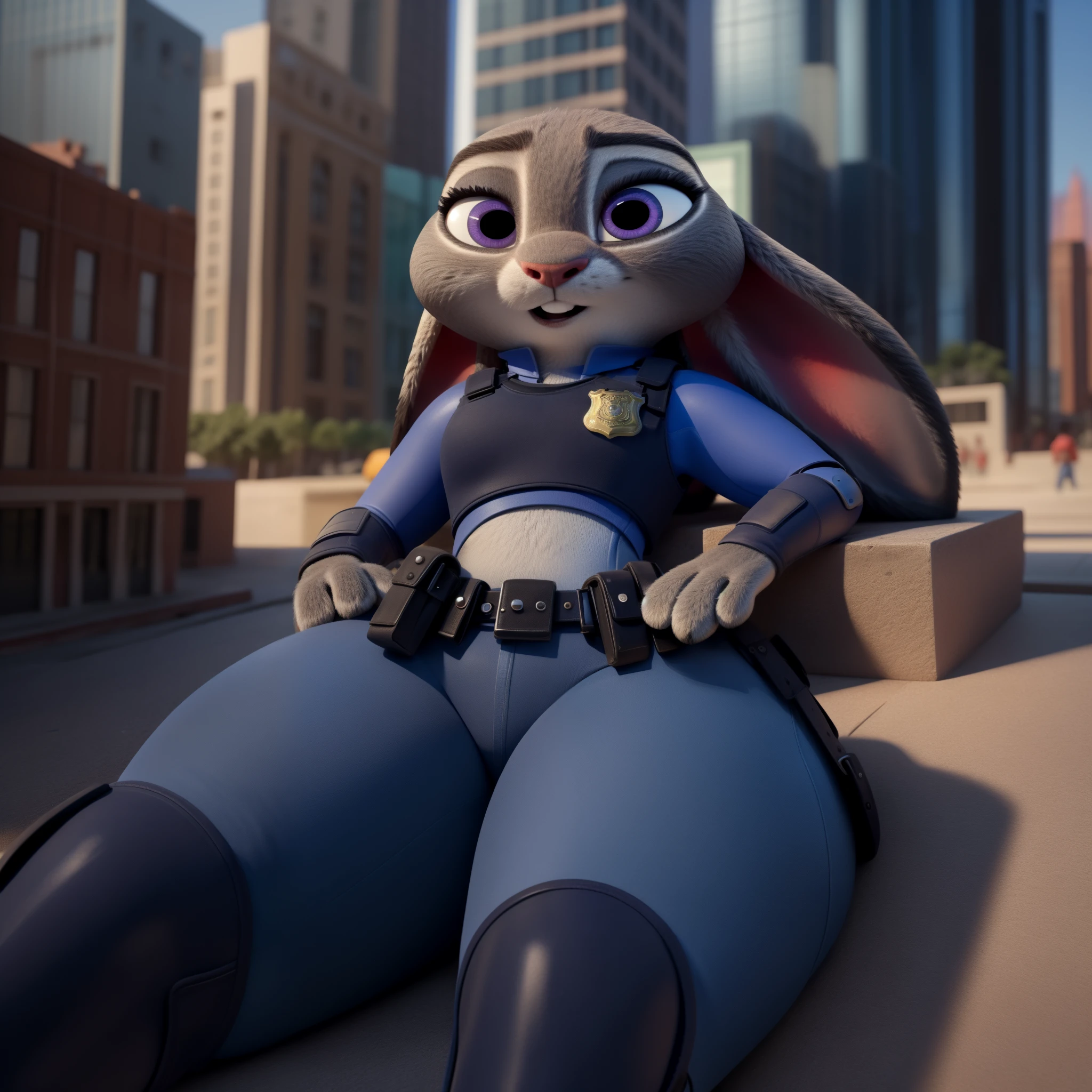 orejas hacia abajo, (Mejor calidad, Obra maestra:1), peluda hembra antro judyhopps, retrato, uniforme de policia, uniforme completo, cola de conejo, police belt, police badge, pantalones azules, sonrisa, ojos morados, pelaje del cuerpo, estilo pixar 3d, cuerpo completo, by qupostuv35, ((Macro)), ((wide hips)), on a zootopia, curvy ass, ((big thighs)), best quality, crushing thighs, lying down