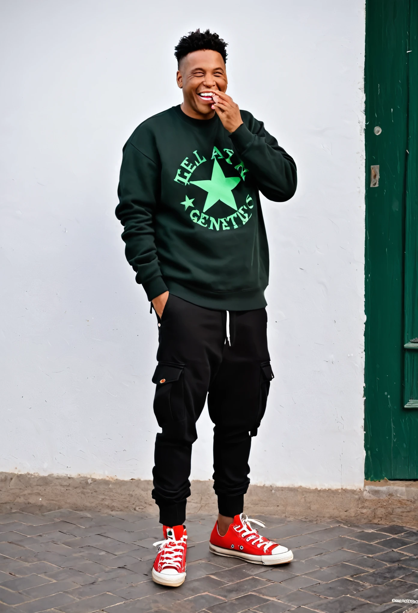 1 garoto de genero masculino,he has red all star sneakers,black sweatshirt and black pants,ele tem pele branca,cabelo castanho e olhos verdes,he is laughing with his hand over his mouth.