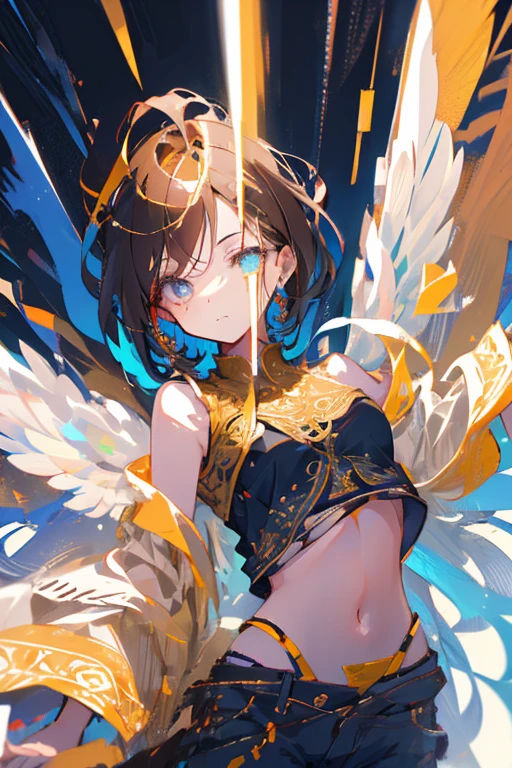 1girl, solo, cute little, Wings, the fallen angel, brunette color hair, (Intricate details:1.2), (Highly detailed face and eyes:1.2), proportional body, acrobatic, dynamic dancing, full shot
