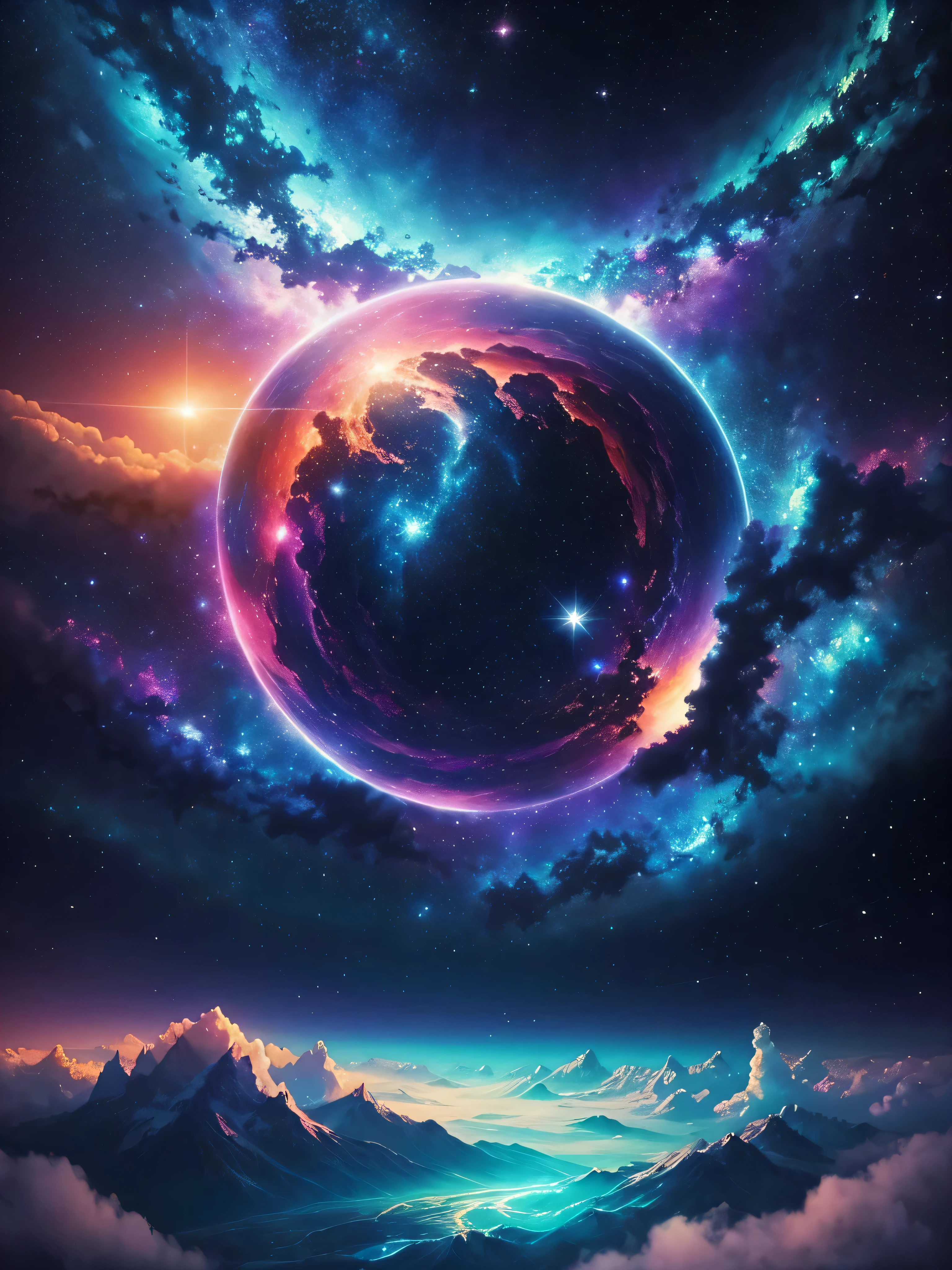 Create a unique painting, inspired by “Celestial Dreams”.,', that combines cosmic images and dreamy landscapes into a surreal masterpiece