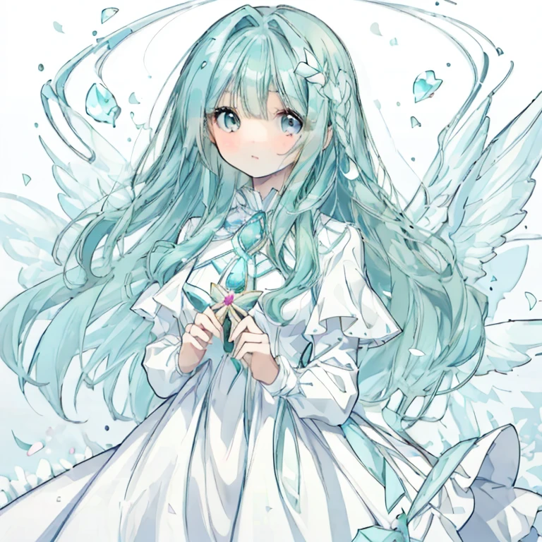 1 girl,Aqua Hair，Long Hair，Curly Hair，Round eyes，cute，Angel，White Dress，gem，Petals fluttering，gorgeous