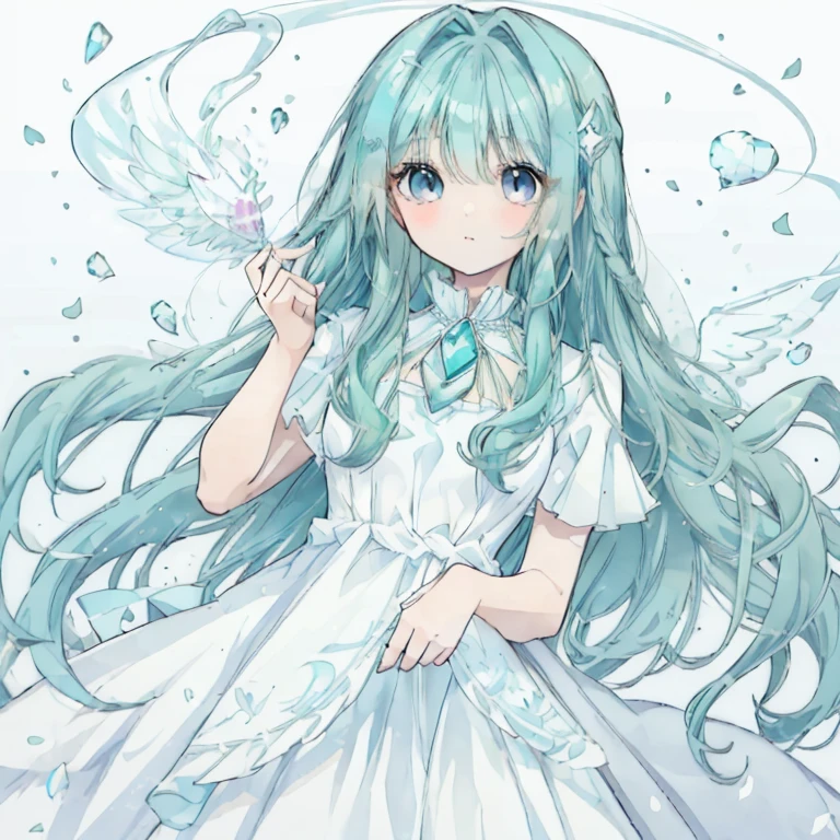 1 girl,Aqua Hair,Long Hair,Curly Hair,Round eyes,cute,Angel,White Dress,gem,Petals fluttering,gorgeous
