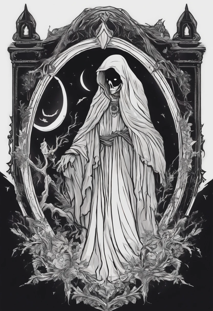 /imagine prompt: ghost illustration for a sticker with a black background, in bold outline style, jagged edges, trashcore, light shading --v 5.2 , horror , scary , blood