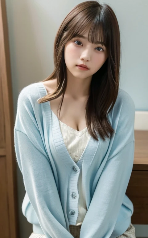 masterpiece, highest quality, 8k, 20th Generation, Large Breasts, cute, alone, sad, cute, Girlish, Delicate girl, Pure beauty, RAW Photos, Professional photography, Portraiture, Soft Light, Professional Lighting, Backlight, Head to Knee, avert your eyes, Sophisticated, Film Grain, (Eyes and facial details:1.0), Short floating hair, Beautiful, flowing hair, bangs, (Loose cardigan(Light blue))、(Large Breasts:1.0)、You can see a little cleavage、Micro Mini Skirt、Voluptuous thighs、Dolly Makeup、Odd Eye、The colour of the eyes is very different between the left and right