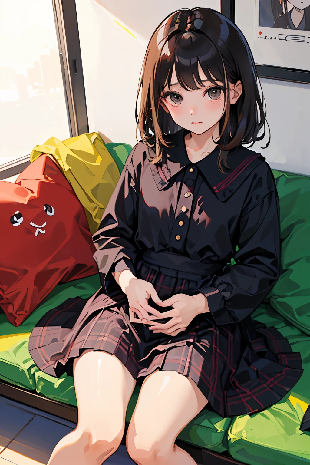 highest quality,Beautiful face in every detail,cute,Dark brown eyes,(背の低いcute女の子,Small young student,Young delicate girl),(masterpiece,Top quality),Black Hair,Sleepy expression,Plaid black skirt