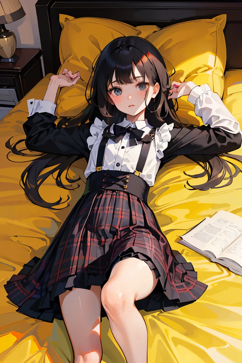 highest quality,Beautiful face in every detail,cute,Dark brown eyes,(背の低いcute女の子,Small young student,Young delicate girl),(masterpiece,Top quality),Black Hair,Sleepy expression,Plaid black skirt