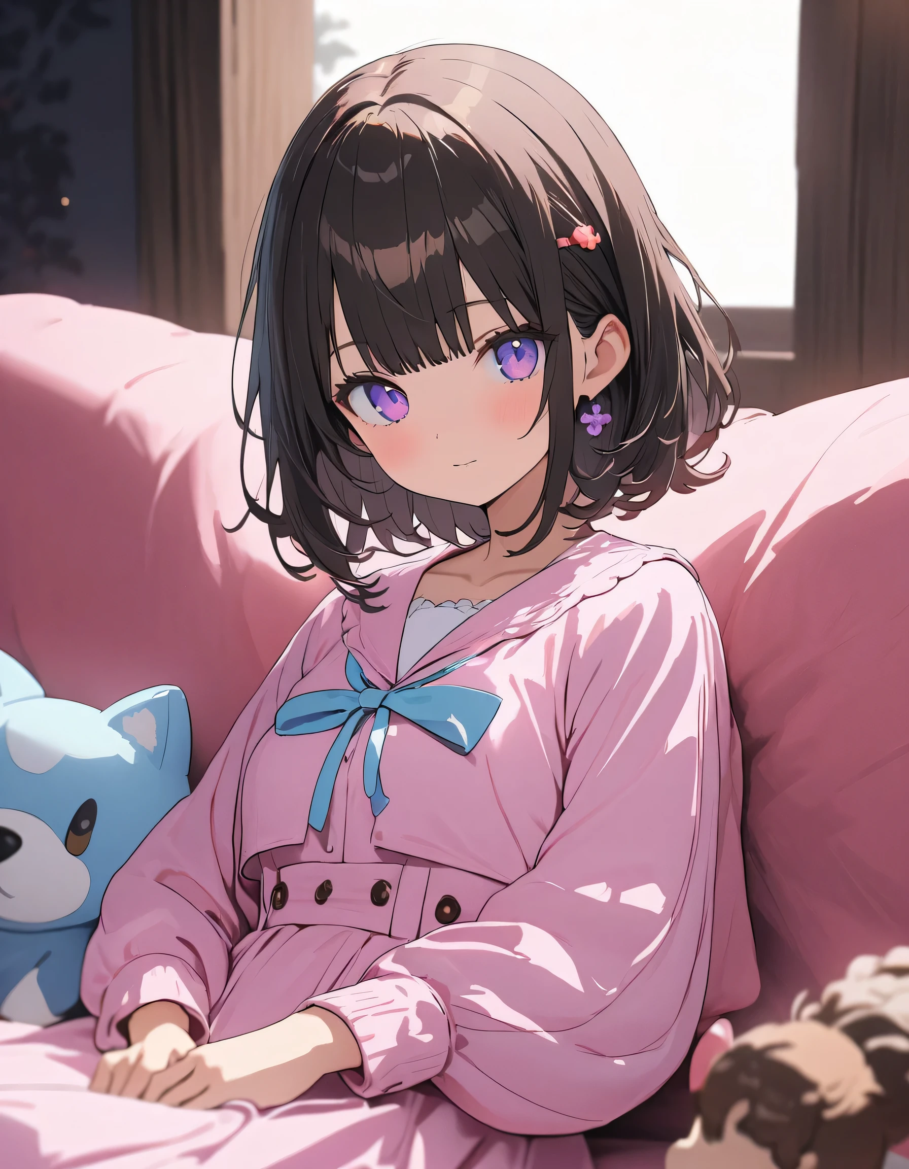 (Background Blur),(A living room with a bright atmosphere thanks to the sunlight)、(Sit on a comfortable, soft sofa、Chocolate cornetを口の中に軽く咥えている)、(1 girl)、(Wavy short hair、Purple pastel colors) 、(Chocolate cornet)、(Girly Fashion)、(((girly style))),((figure、High quality 8k))、indoor、(highest quality、masterpiece、High resolution、detailed)、anime style、Flat Style, BREAK,flat color, flat shading、extremely detailed、eyes shining  colors illuminated light, Delicate and beautiful face, (The Shining), Best lighting, Best Shadow、High saturation,Dynamic Angle、Moe anime official art、anime、Warm and soft atmosphere