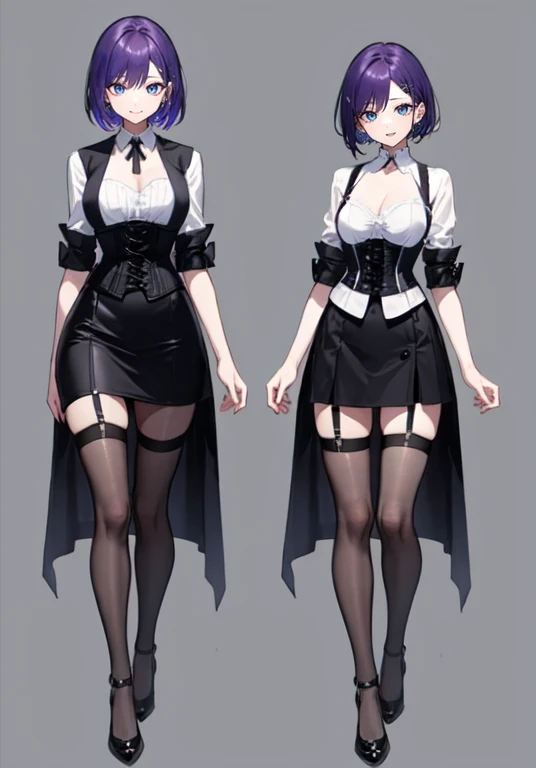 Purple hair,Short hair,Adult female,(Bartender),((Body harness)),((Black vest)),(Rolling up your sleeves shirt),(Corset),(Above knee length skirt),High heels,((Simple background)),Smile,((Full body)),((whole body)),Character Sheet,
