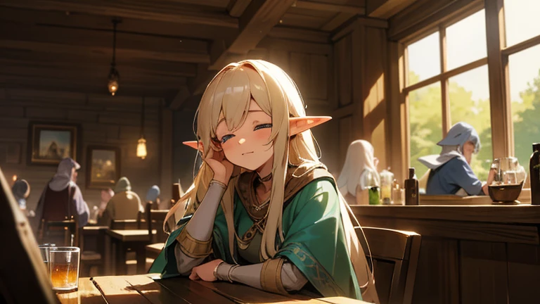 Beautiful eyes,very detailed, top quality, masterpiece
1. The background should depict a medieval fantasy tavern. Warm light emanates from the fireplace, while candlelight illuminates the tables. There’s a large wooden barrel near the fireplace.
2. The elven adventurer has a typical fantasy anime-style appearance. Her hair is long. Her ears are pointed.
3. The elf is seated in a corner of the tavern, leaning his head on the table, dozing off. Her body shows signs of fatigue from her adventures, but her expression is serene and peaceful.
4. The tavern is populated with various characters: humans, dwarves, and other elves enjoying drinks and conversation. Their attire and accessories are designed in a fantasy anime style.
5. The atmosphere in the tavern is tranquil, filled with music and laughter. However, the sight of the elven adventurer quietly sleeping brings a subtle sense of tranquility to the scene.