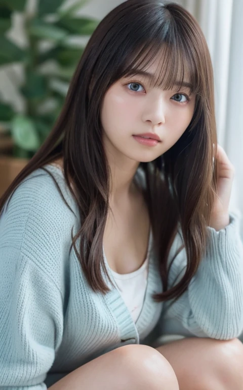 masterpiece, highest quality, 8k, 20th Generation, Large Breasts, cute, alone, sad, cute, Girlish, Delicate girl, Pure beauty, RAW Photos, Professional photography, Portraiture, Soft Light, Professional Lighting, Backlight, Head to Knee, avert your eyes, Sophisticated, Film Grain, (Eyes and facial details:1.0), Short floating hair, Beautiful, flowing hair, bangs, (Loose cardigan(Light blue))、(Large Breasts:1.0)、You can see a little cleavage、Micro Mini Skirt、Voluptuous thighs、Dolly Makeup、Odd Eye、The colour of the eyes is very different between the left and right