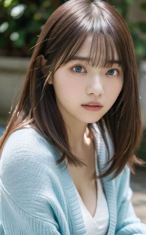 masterpiece, highest quality, 8k, 20th Generation, Large Breasts, cute, alone, sad, cute, Girlish, Delicate girl, Pure beauty,  RAW Photos, Professional photography, Portraiture, Soft Light, Professional Lighting, Backlight, Head to Knee, avert your eyes, Sophisticated, Film Grain, (Eyes and facial details:1.0), Short floating hair, Beautiful, flowing hair, bangs, (Loose cardigan(Light blue))、(Large Breasts:1.0)、You can see a little cleavage、Micro Mini Skirt、Voluptuous thighs、Dolly Makeup、Odd Eye、The colour of the eyes is very different between the left and right